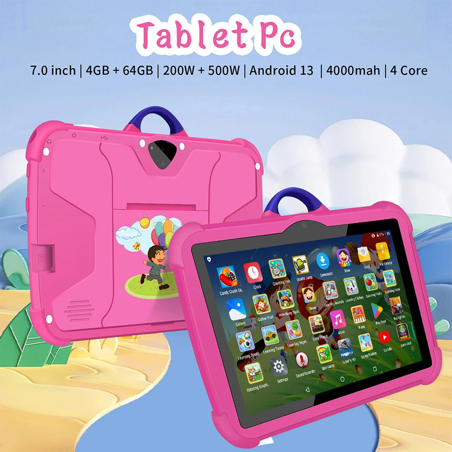 Kids Study Tablet 7" – WiFi Android 13 with Dual Cameras