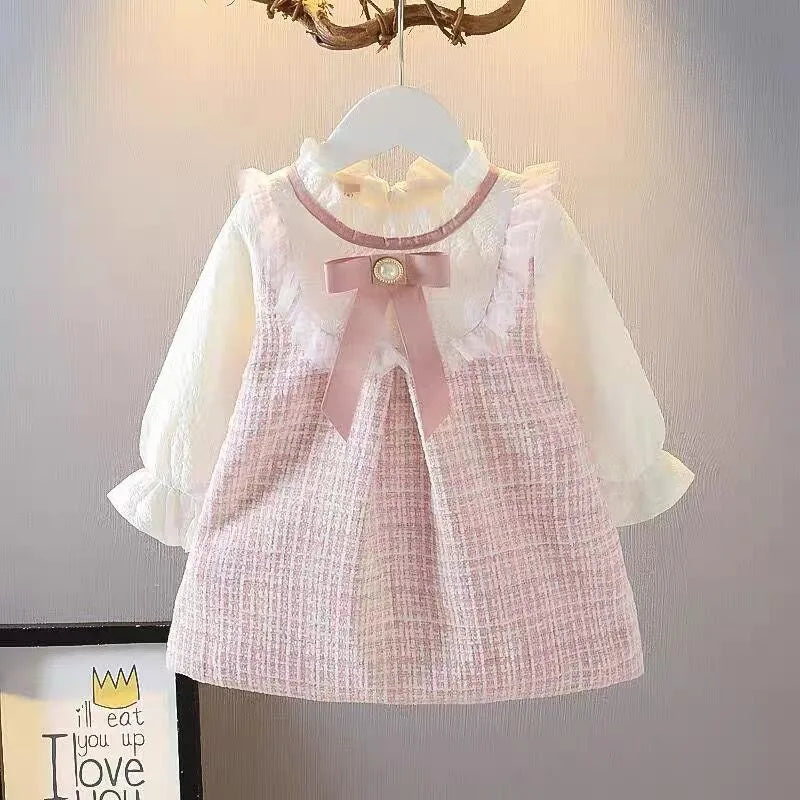 Girls Long-Sleeve Bow Dress – Cute Casual Skirt Dress