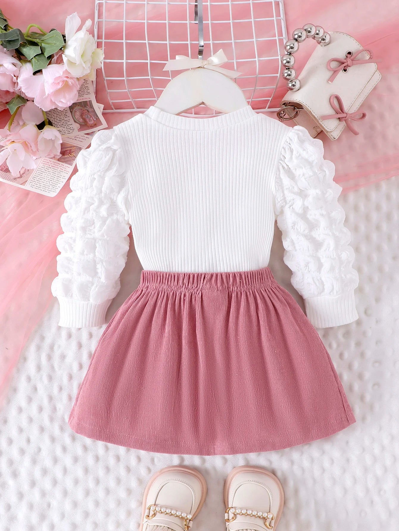 Girls Bubble-Sleeve Top & Pink Skirt Set (0–3Y)