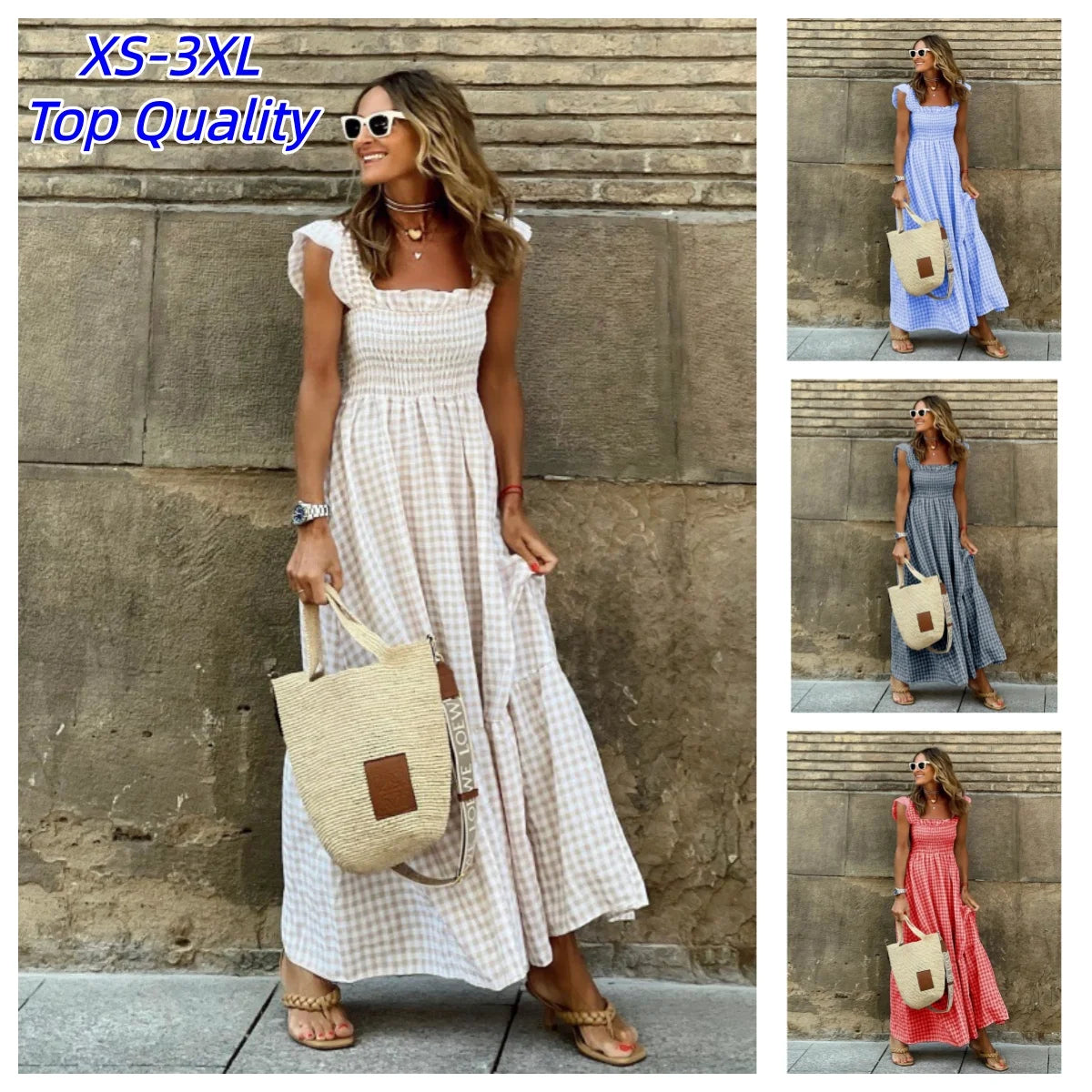 Boho Plaid Maxi Dress – Strapless Ruffle Summer Dress with Elastic Waist