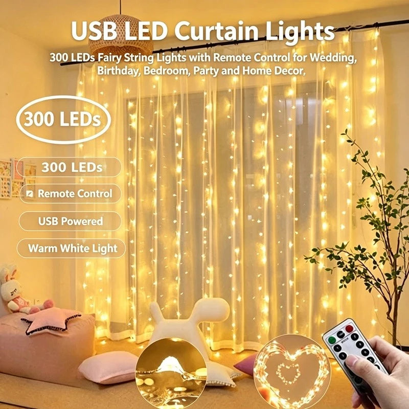300 LED Curtain Lights - Remote, 8 Modes, 3x3m