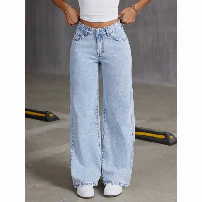 Women's Washed Blue Straight Jeans – High-Waist American Style