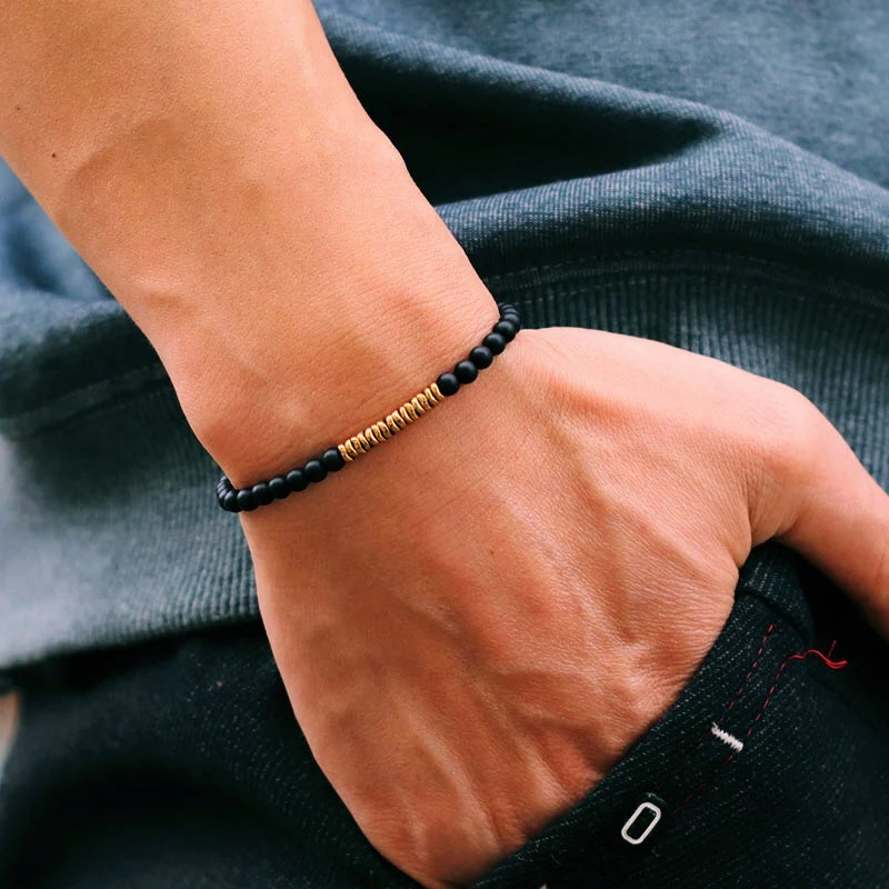 Hematite & Wood Bead Bracelet – Men's Gold-Accent Wristband