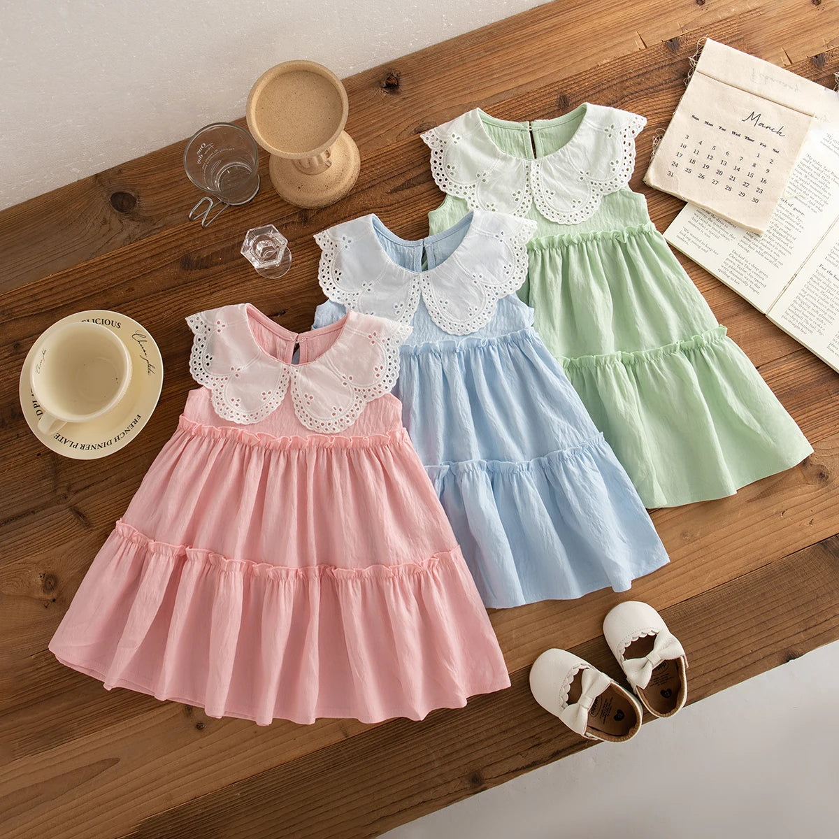 Girls Sweet Solid Sleeveless Summer Dress (9M–4Y)