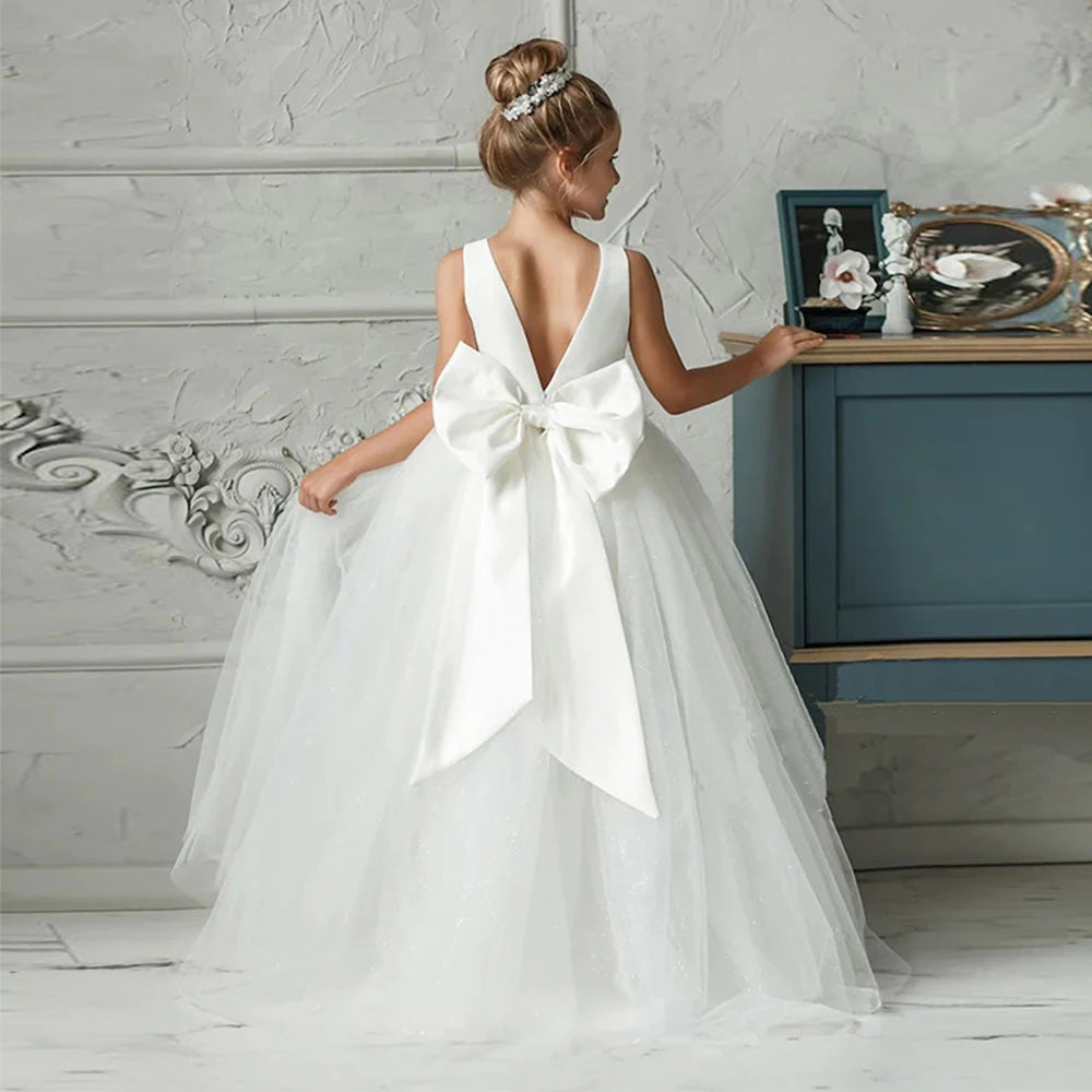 Girls White Bridesmaid & Communion Long Dress