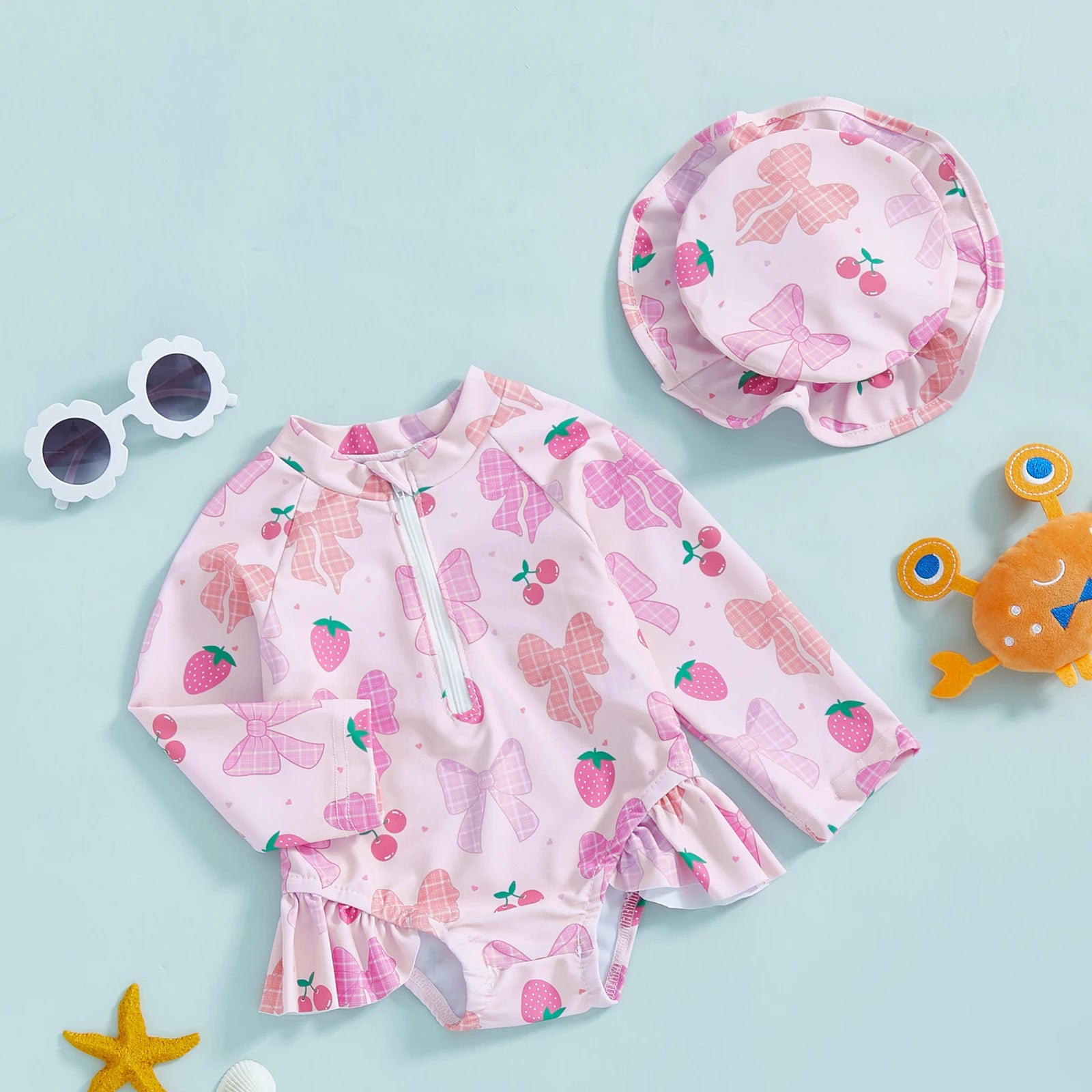 Baby Girls Rash Guard Swim Set with Sun Hat