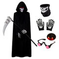 Kids Grim Reaper Costume Hooded Robe Glowing Red Eyes Gloves Mask Halloween Boys