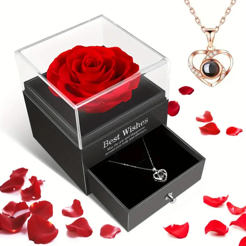 1 Set Artificial Flower Gift Box with I Love You Necklace - Christmas, Valentines Day, Mothers Day,  Anniversary, Birthday Gifts