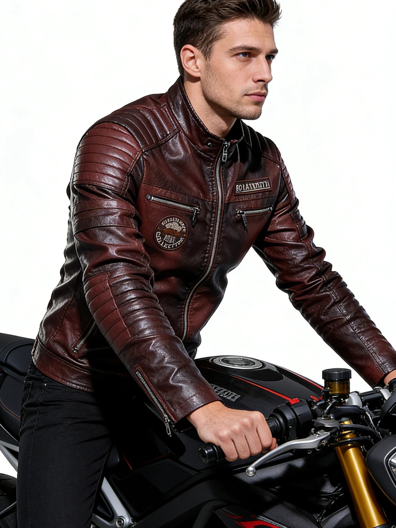 Men's Stand Collar Leather Jacket Motorcycle Lightweight Faux Leather Outwear