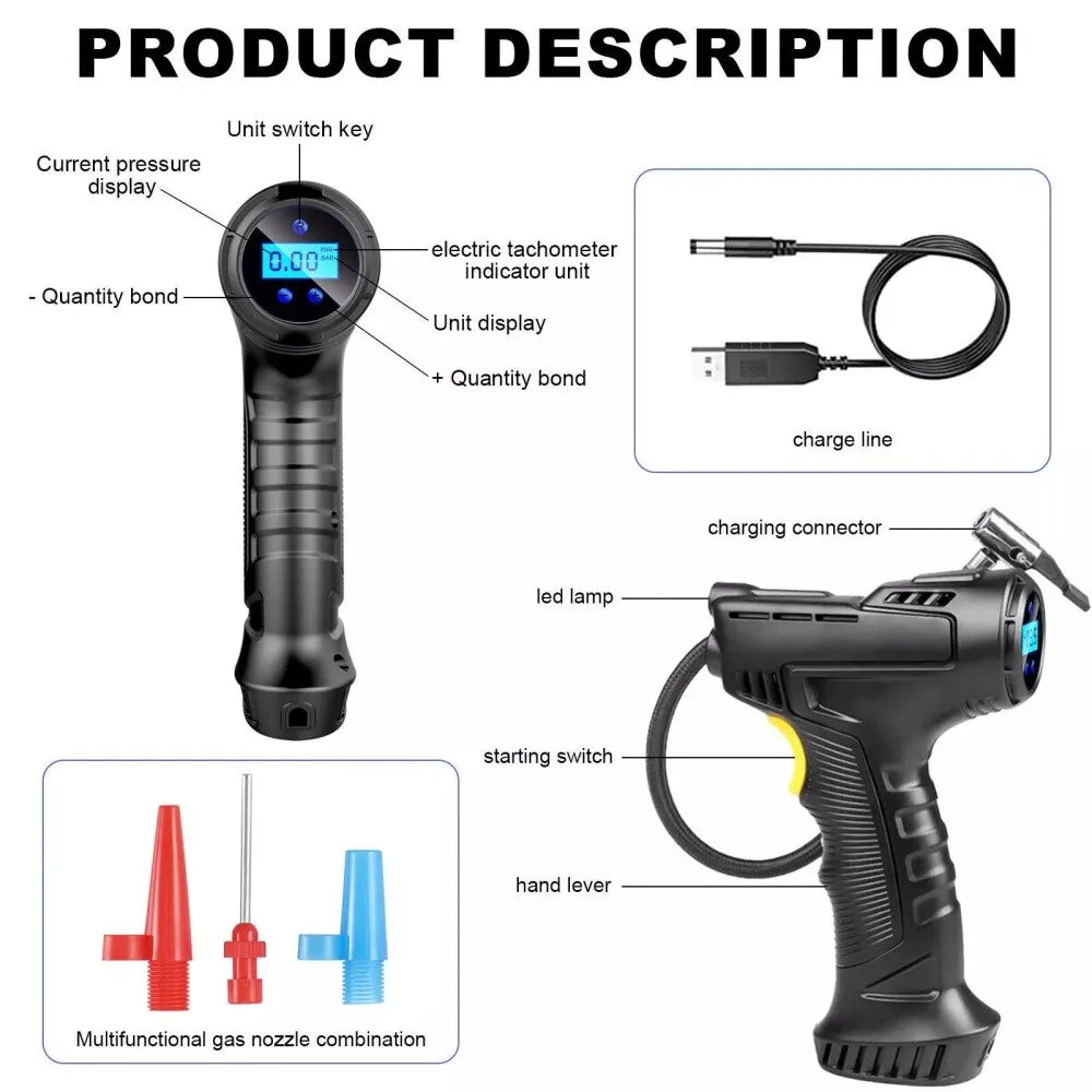 Cordless Tyre Inflator – Portable Rechargeable Air Compressor with Digital Gauge & LED Light