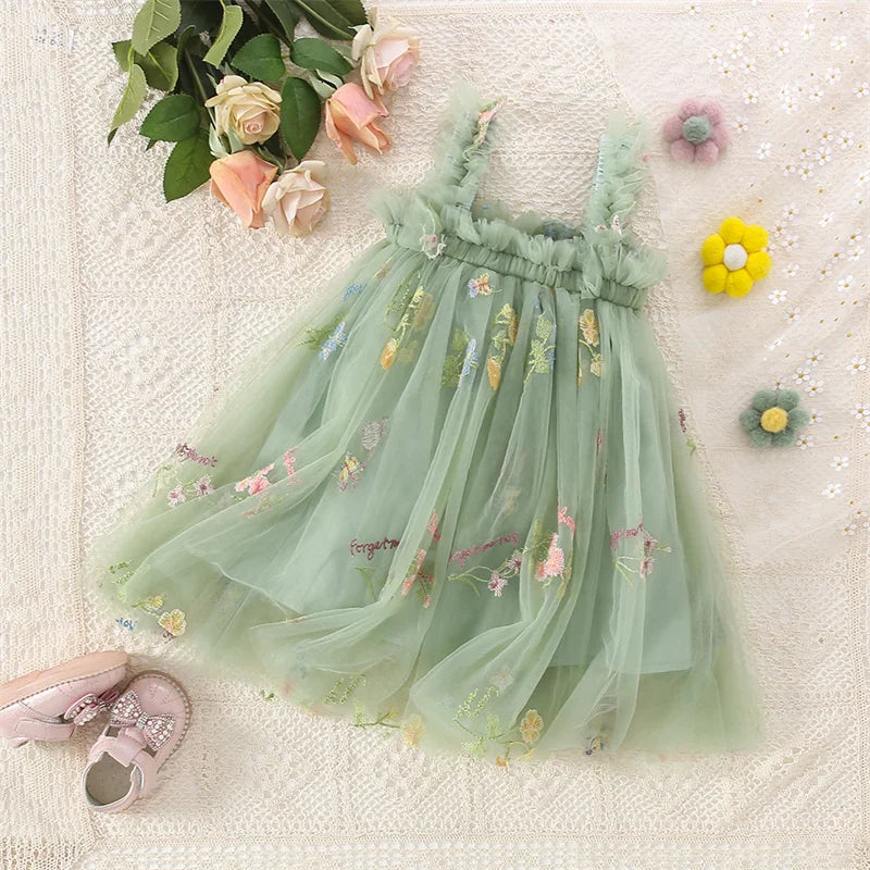 Girls Green Floral Chiffon Princess Dress (6M–5Y)