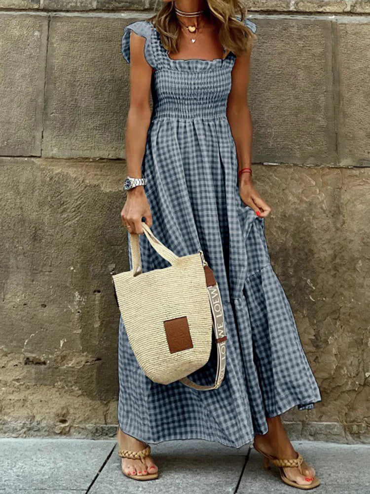 Boho Plaid Maxi Dress – Strapless Ruffle Summer Dress with Elastic Waist