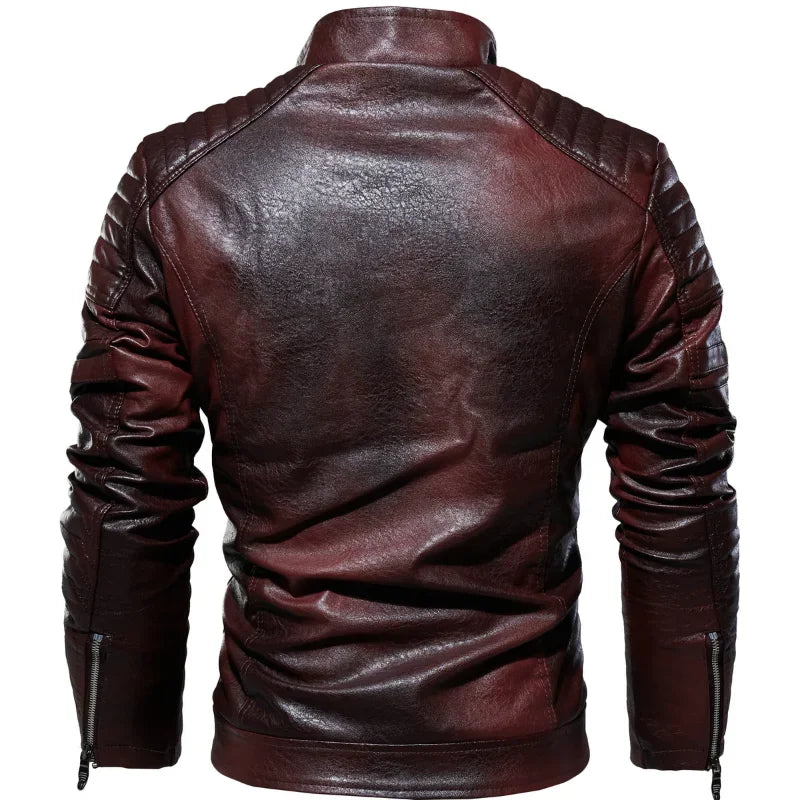 Men's Leather Jacket Men's Winter Fleece Men's Stand Collar Biker Casual Windproof Slim Fit Jacket Fleece Leather Jacket