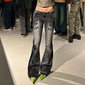 Women's Vintage Flare Jeans – Low-Rise Plant Print Denim