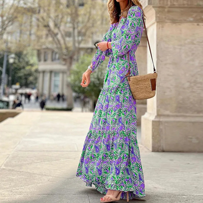 Bohemian Printed V-Neck Midi Dress – Long Sleeve High-Waist Summer Dress