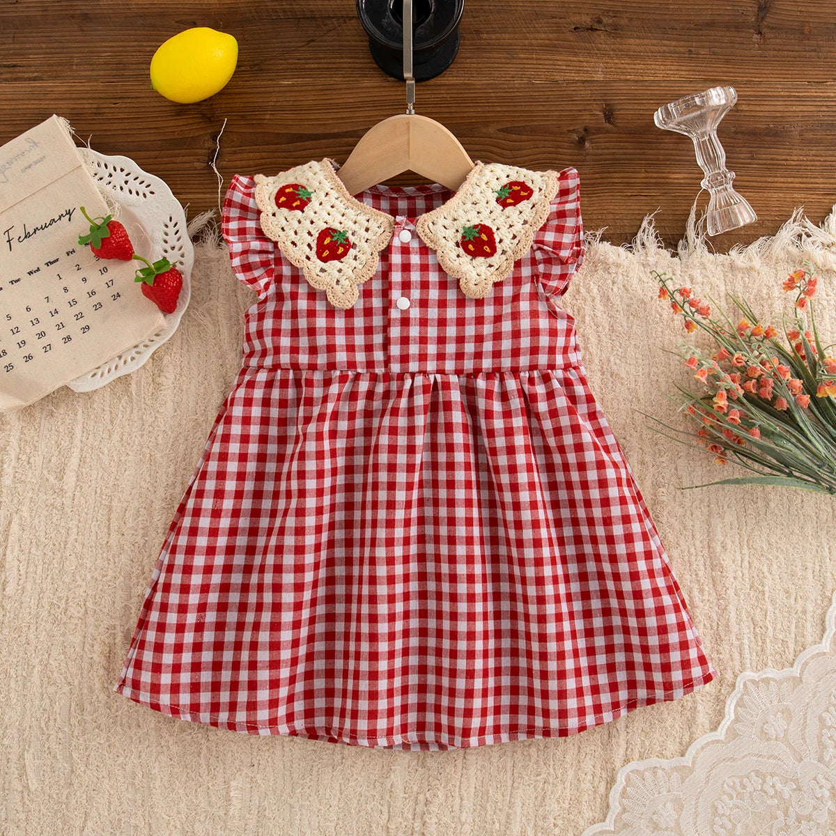 Girls Strawberry Check Summer Dress (9M–4Y)