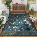 Blue Floral Cat Print Rug – Large Washable Living Room Mat