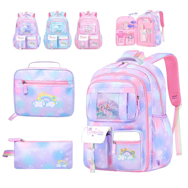 3Pcs School Backpack For Girls Large Capacity Kid's School Bag with Lunch Pancil Carry Case Bag Travel Backpack Child Gift