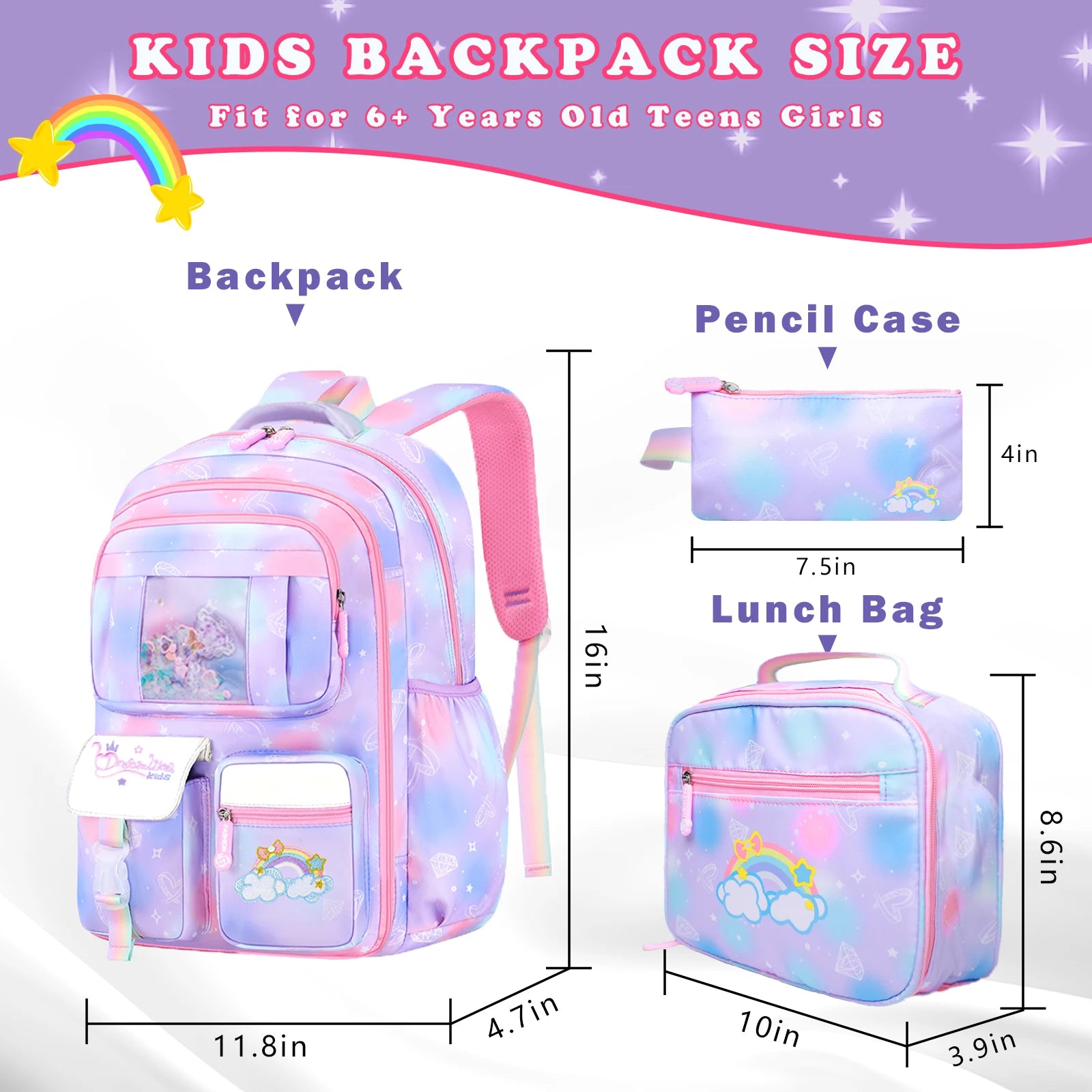 3Pcs School Backpack For Girls Large Capacity Kid's School Bag with Lunch Pancil Carry Case Bag Travel Backpack Child Gift