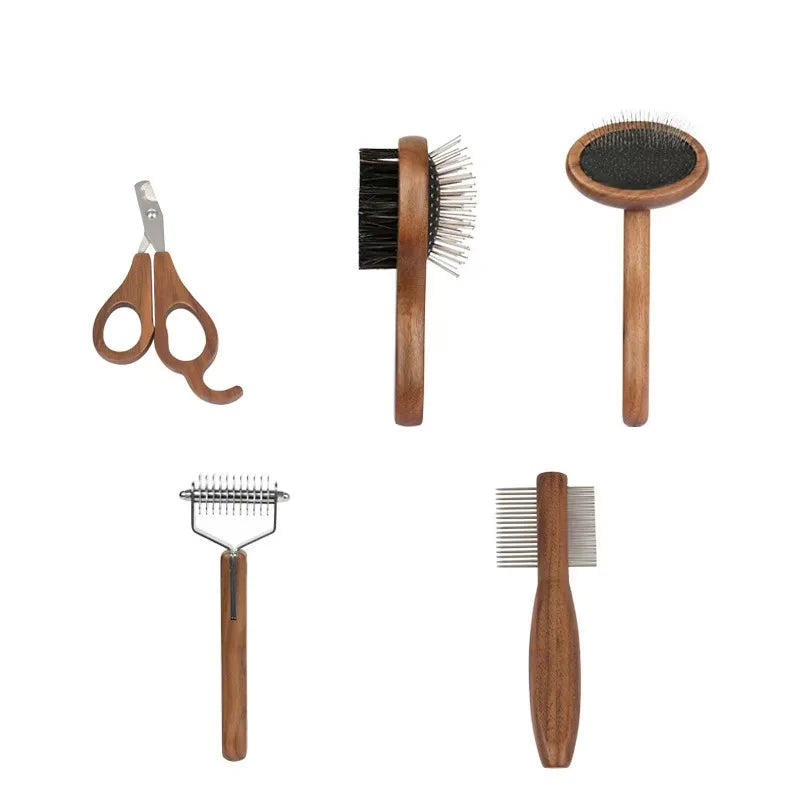 Five-In-One Essential Pet Grooming Set for Cat Dog Owners Includes Knot Tying Hair Removal Trimming Cleaning Functions Wooden