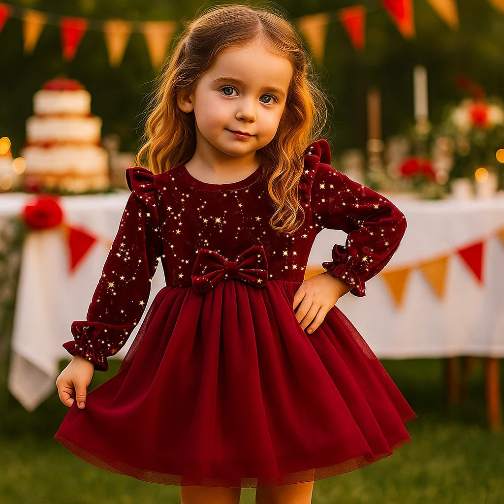 Girls Velvet & Mesh Bow Party Dress