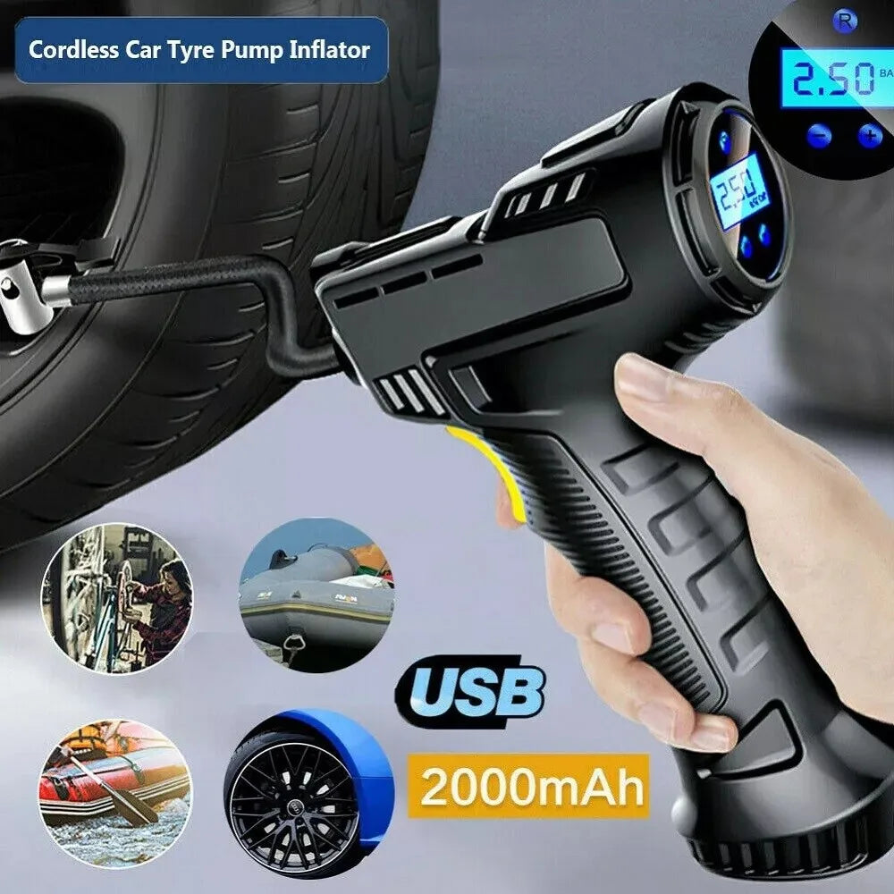 Cordless Tyre Inflator – Portable Rechargeable Air Compressor with Digital Gauge & LED Light