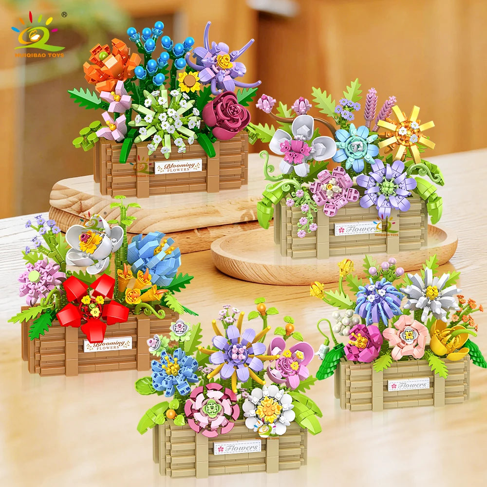 Building Block Flower Bouquet Basket - Rose & Sunflower Mini Brick Set, Desk Decor Gift