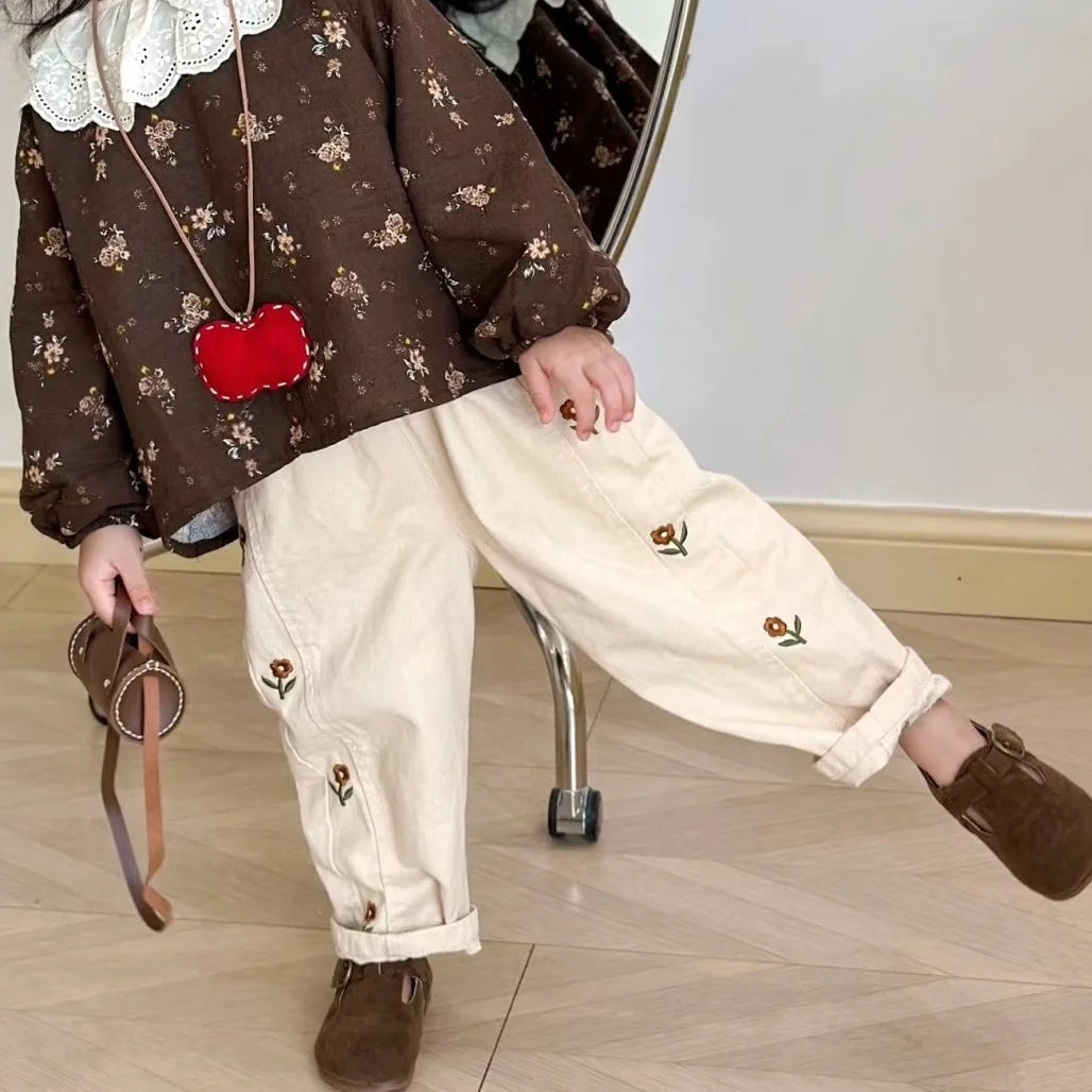 Girls Flower Embroidered Casual Trousers (2–6Y)