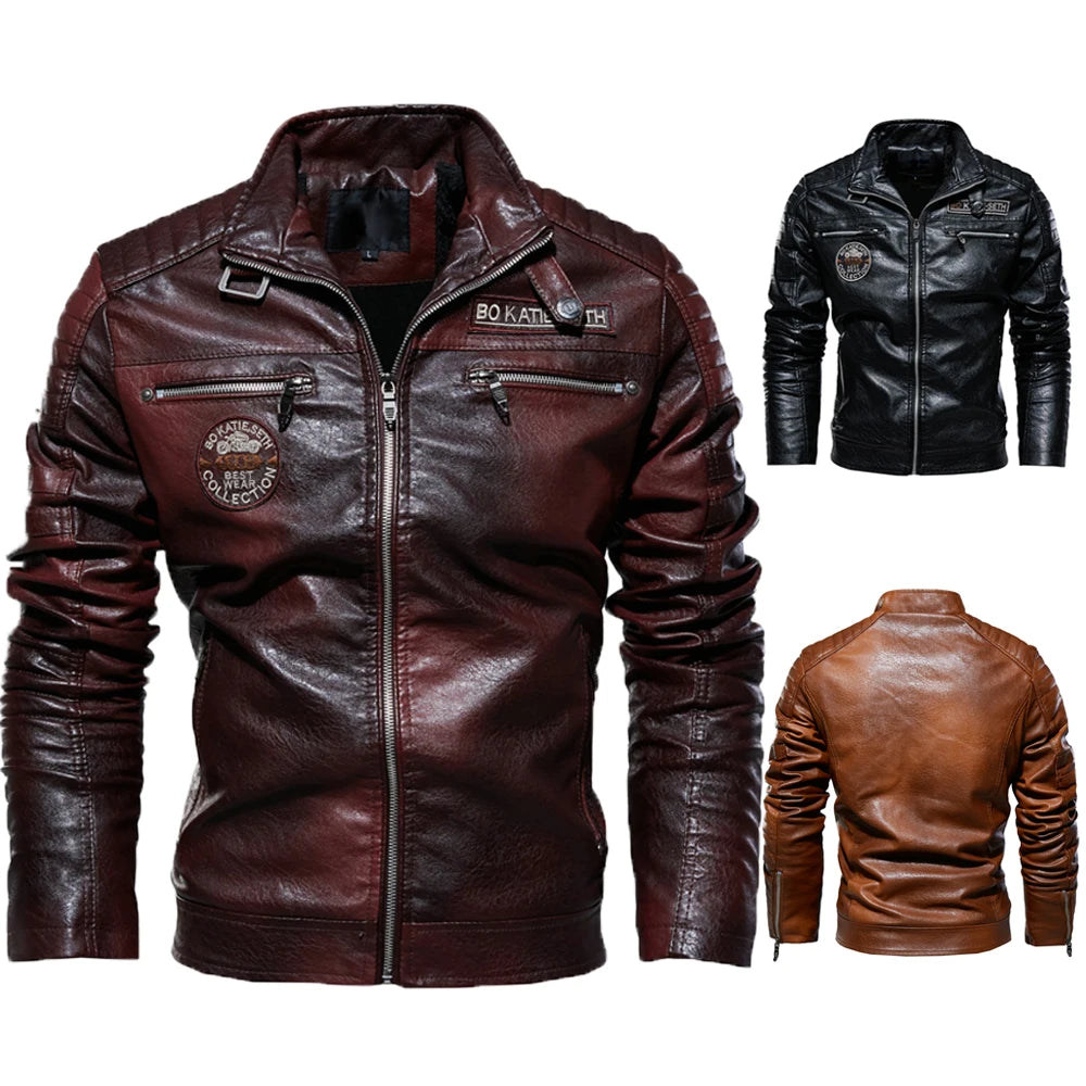 Men's Stand Collar Leather Jacket Motorcycle Lightweight Faux Leather Outwear