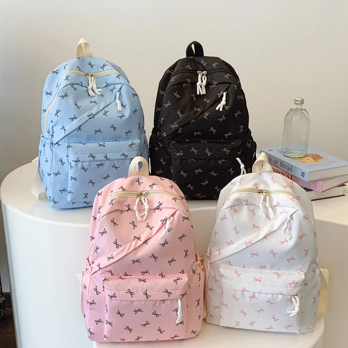 Fashionable Cute Backpack Bow Print Bookbag with Laptop Protection Adjustable Straps Laptop Backpack for Back To School Season