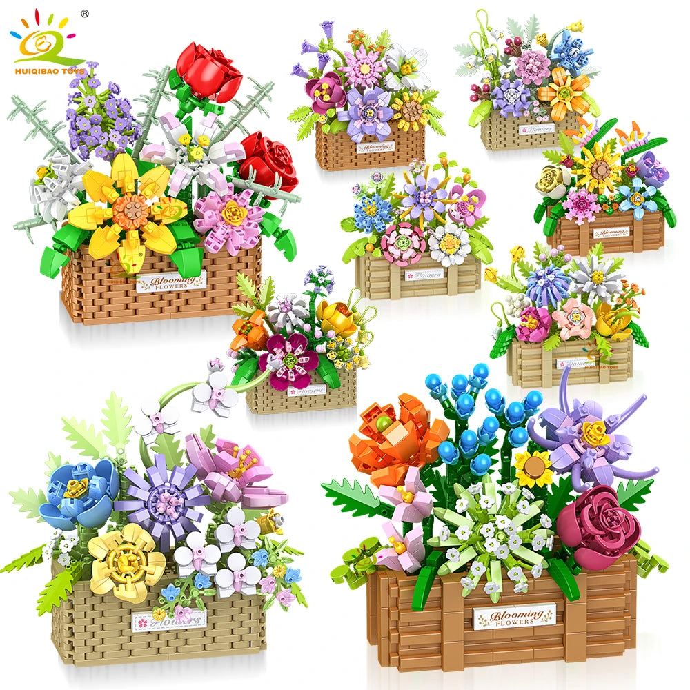 Building Block Flower Bouquet Basket - Rose & Sunflower Mini Brick Set, Desk Decor Gift