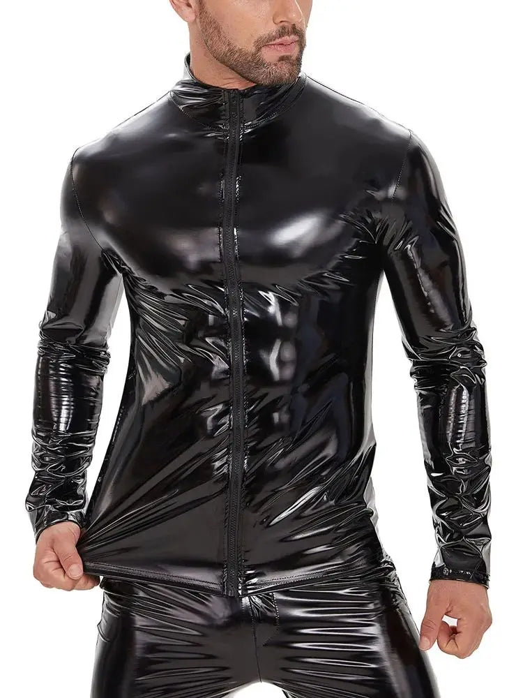 5-7XL Long Sleeve Faux Shiny PU Leather Tshirt Wet Look PVC Mens Jackets Coats Tight Sexy Cosplay Windbreaker Moto T Shirt Tops