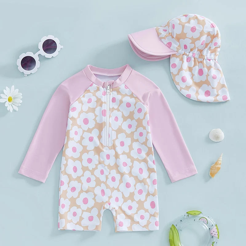Toddler Girl Long-Sleeve UV Swimsuit – Floral & Flamingo